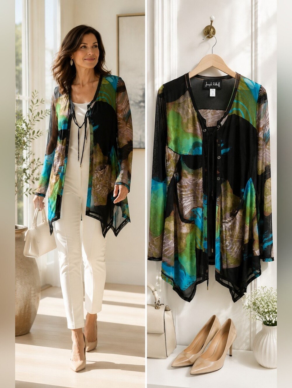 Joseph Ribkoff Mesh Abstract Print Tunic Top Cardigan Blue Green Black Size 6